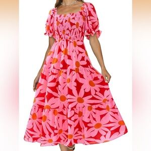 Floral Smocked Puff-Sleeve Midi Dress - Pink/Red